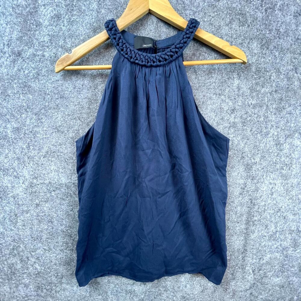 Greylin Top Womens Small Navy Blue Strappy Back‎ Braided Neck Office Siren